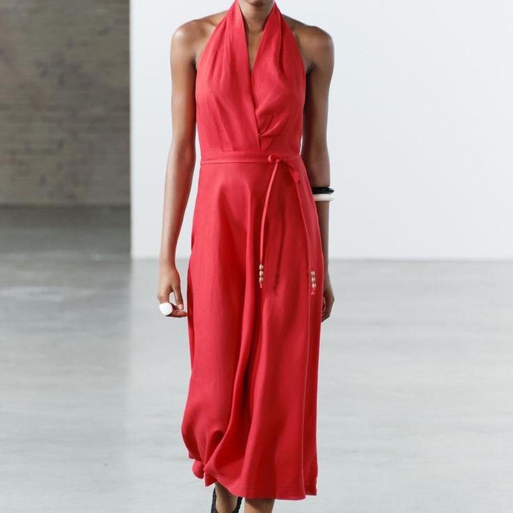 NWT Zara Red Midi Halter Dress Large